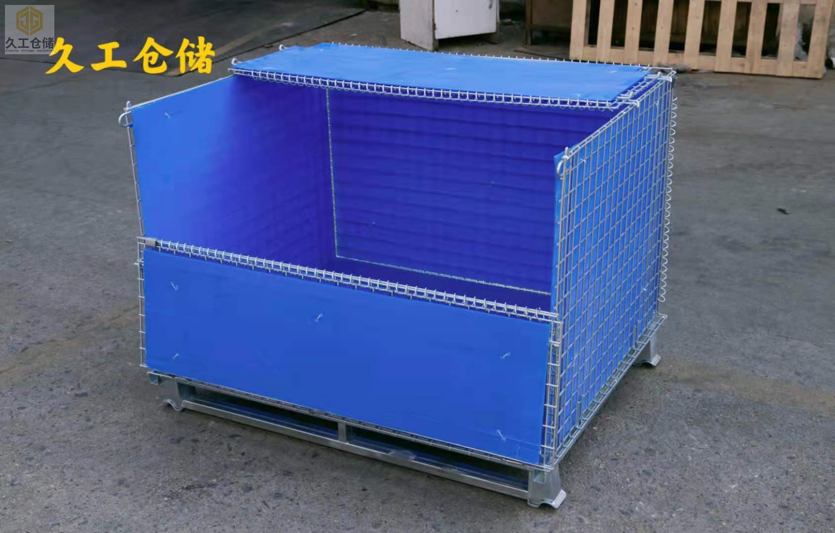 折疊式倉儲(chǔ)籠分類產(chǎn)品展示圖，倉儲(chǔ)籠倉庫籠車間擺放現(xiàn)場，南京久工倉儲(chǔ)設(shè)備